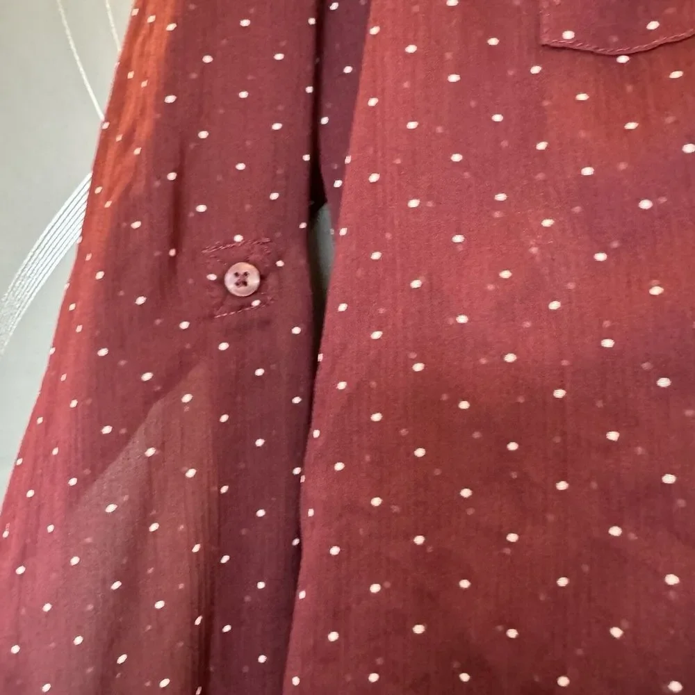 Eddie Bauer L Burgundy Long Sleeve Semi‎ Sheer Blouse Button Up Polka Dots - Picture 6 of 16